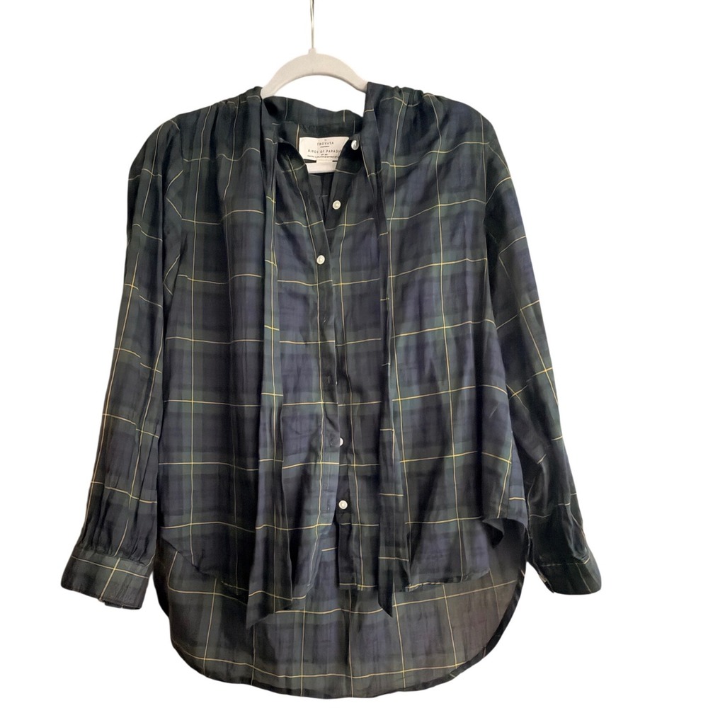 Birds of Paradis by Trovata Plaid Tie Neck Button Down Shirt Small Navy‎ Green